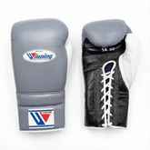 Authentic Grey, Black, and White Winning MS-500 professional lace-up boxing gloves handcrafted in Japan with premium leather.