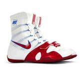 Professional Nike Hyperko 1 boxing boots in white and red featuring Flywire support and a forefoot lockdown strap.