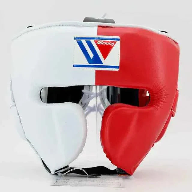 Authentic Winning FG-2900 professional boxing headgear in custom red and white split leather with lace-top closure.