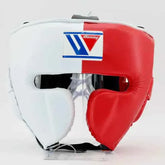 Authentic Winning FG-2900 professional boxing headgear in custom red and white split leather with lace-top closure.