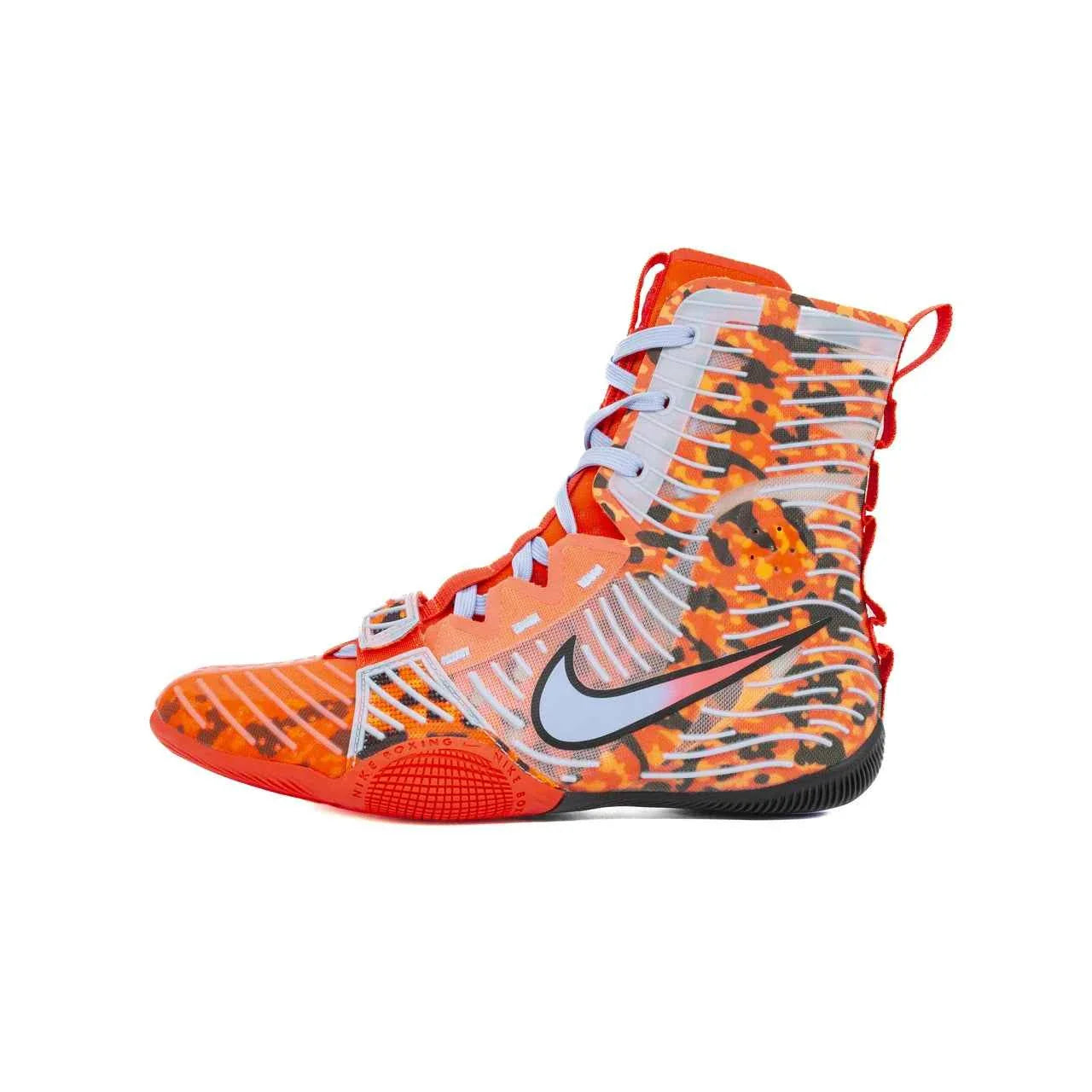 Nike Hyperko 2 professional boxing shoes featuring a vibrant orange digital camouflage pattern and adjustable midfoot strap.