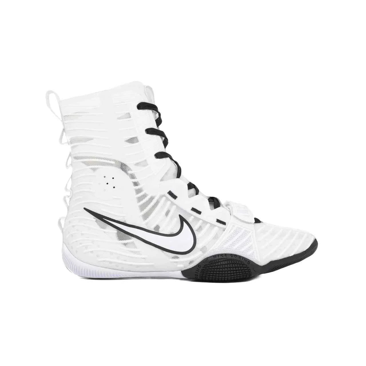 Nike Hyperko 2 professional boxing shoes in white and black featuring Flyknit technology and adjustable midfoot strap.