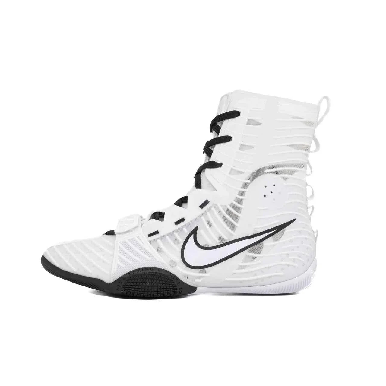 Nike Hyperko 2 professional boxing shoes in white and black featuring Flyknit technology and adjustable midfoot strap.