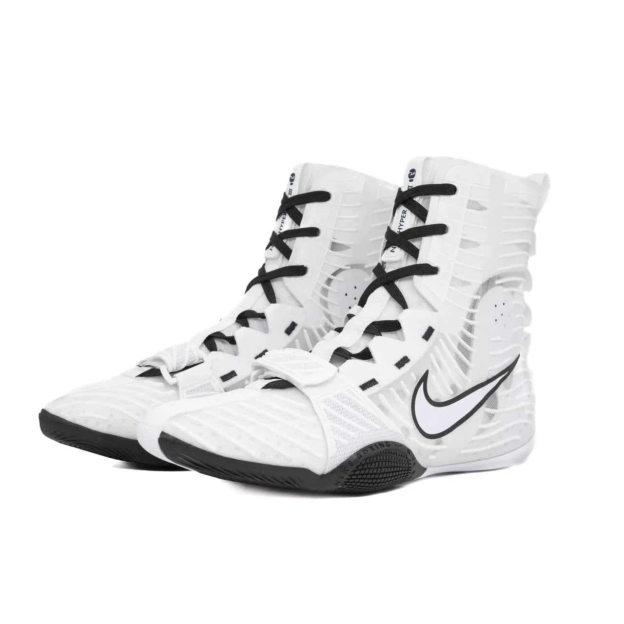 Nike Hyperko 2 professional boxing shoes in white and black featuring Flyknit technology and adjustable midfoot strap.