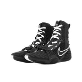 Nike Hyperko 2 professional boxing shoes in black with white laces and white Nike Swoosh, featuring a split-sole design and midfoot strap.