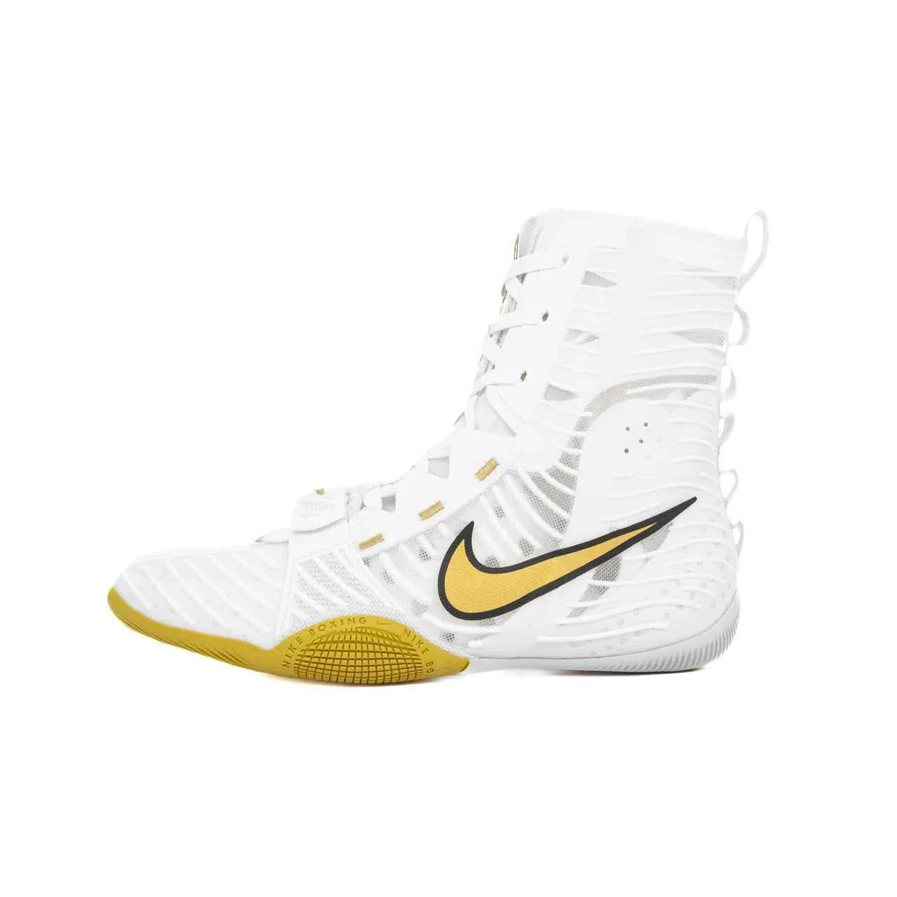 Nike Hyperko 2 professional boxing shoes in white featuring a metallic gold Nike Swoosh and gold split-sole rubber outsole.