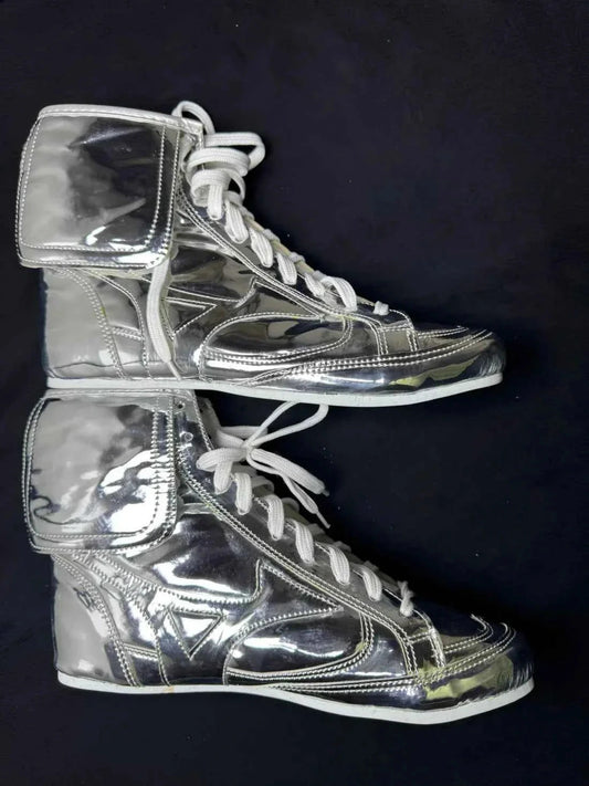 Pair of custom metallic silver boxing boots with high-top ankle support