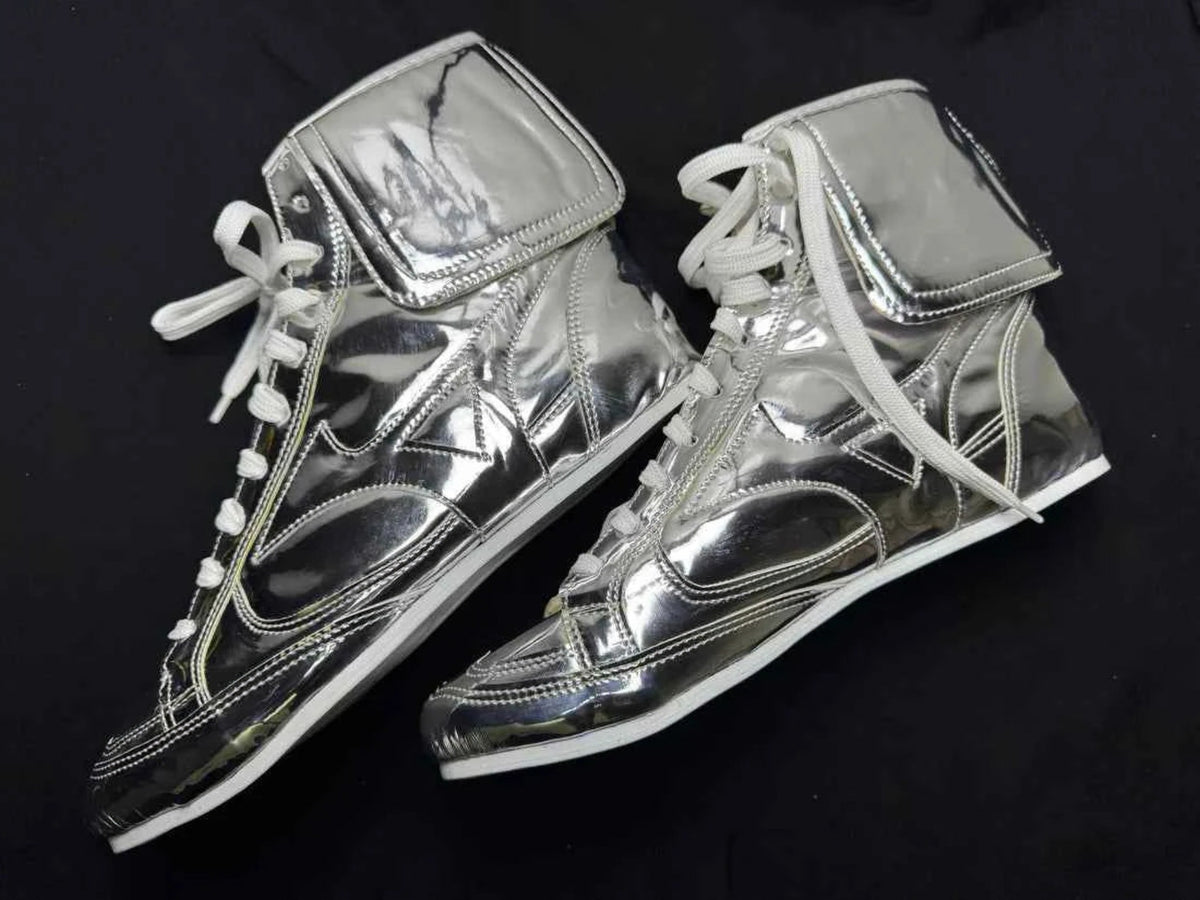 Custom high-top boxing boots in full metallic silver, side view