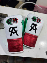 Authentic No Boxing No Life professional lace-up gloves in custom white, metallic red, and green Mexican flag colorway.