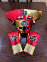 No Boxing No Life custom professional complete set in metallic red and gold split-leather including lace-up boxing gloves, headguard, and groinguard.
