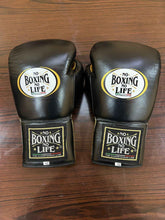 Authentic black and gold No Boxing No Life professional boxing gloves handcrafted in Mexico with official branding.