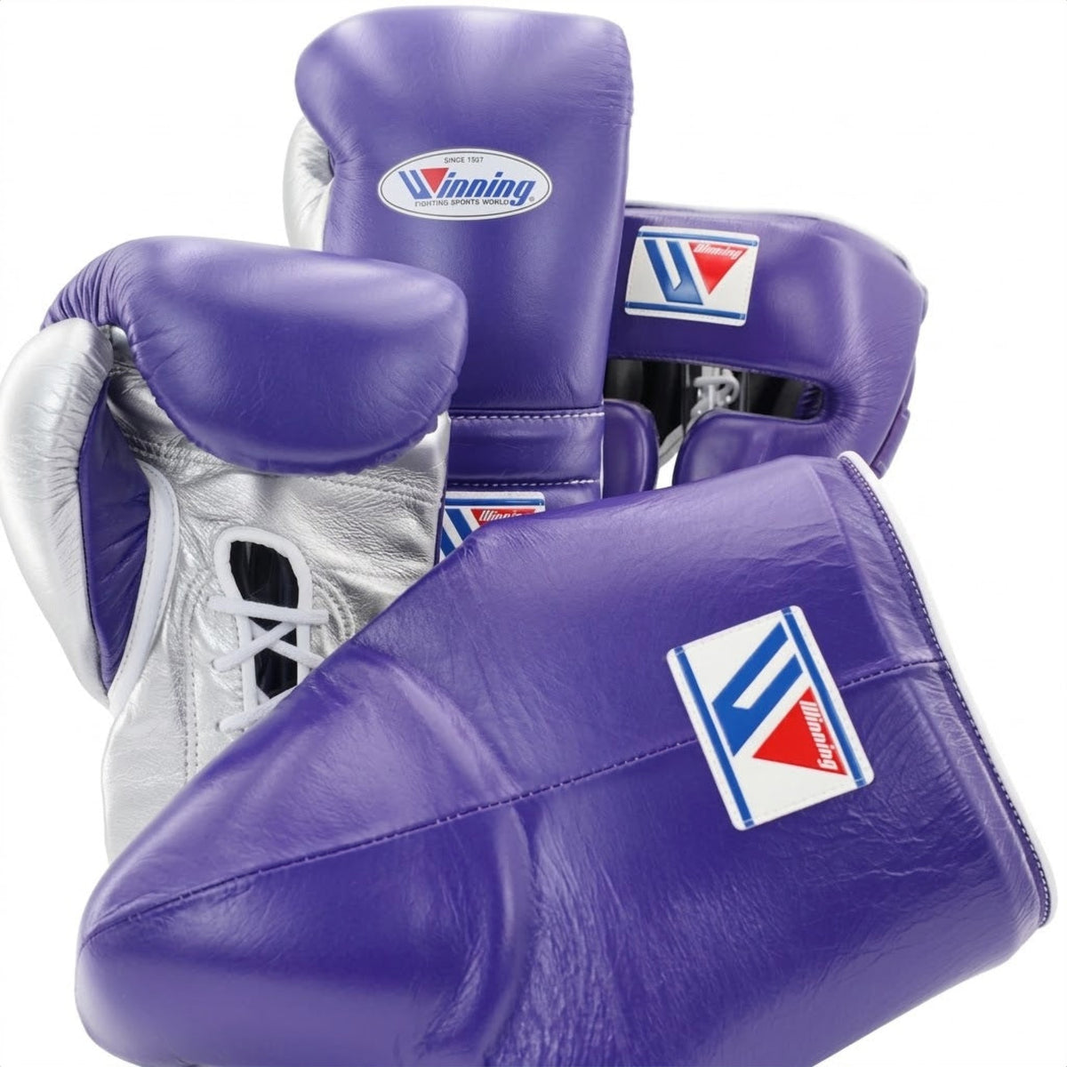 Winning Purple/Silver 3-piece boxing sparring set with lace-up gloves, FG-2900 headgear, and CPS-500 groin guard