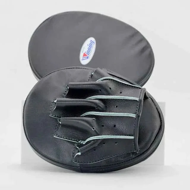 Pair of black leather focus mitts with a brand logo on a white background