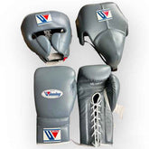 Official Winning professional 3-piece boxing sparring gear set in a matching matte gray premium leather layout, including 16 oz lace-up gloves, a face guard headgear, and a groin protector over a white background.