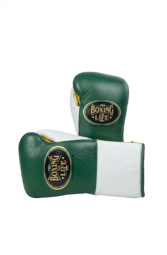 Dark forest green and white boxing gloves with gold details