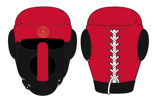 Custom face saver boxing headguard in red and black with gold Havoc logo