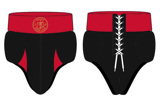 Custom boxing groin guard in red and black with gold Havoc logo