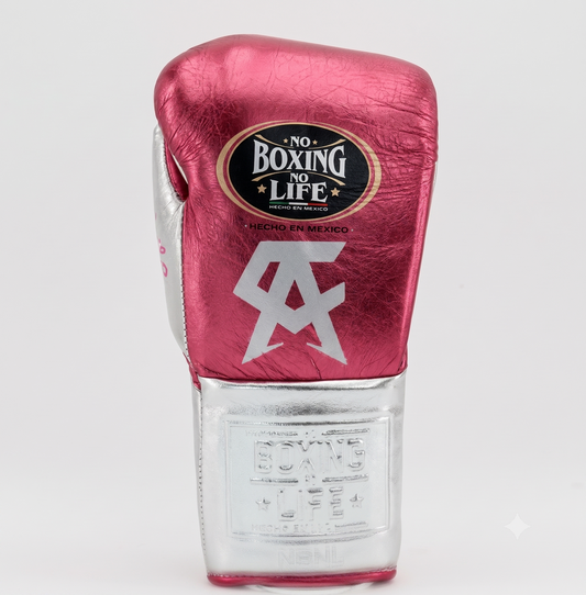Metallic pink boxing glove back view with silver cuff