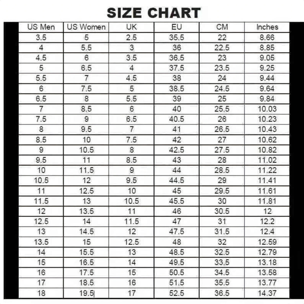 Detailed sizing chart showing US, UK, EU, CM, and Inches conversions for Nike boxing boots.