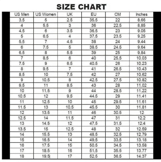 Detailed sizing chart showing US, UK, EU, CM, and Inches conversions for Nike boxing boots.