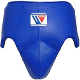 Winning CPS-500 professional boxing groinguard in royal blue leather with official branding and anatomical hip protection.