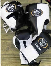 No Boxing No Life custom professional sparring set in two-tone black and white leather including lace-up gloves and headgear.