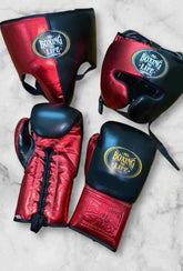 No Boxing No Life custom professional sparring set in metallic red and black leather including lace-up gloves, headgear, and groin protector.