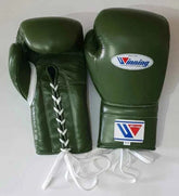 Custom Olive Green Winning MS-600 professional 16oz lace-up boxing gloves handcrafted in Japan with white laces and official branding.