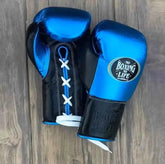 No Boxing No Life custom professional lace-up boxing gloves in metallic blue leather with black palms and cuffs.