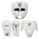 White boxing protective gear set including a headguard, boxing gloves, and a chest protector, shown from multiple angles on a white background. The gear features a blue and red triangular logo with the brand name 'Vueling'.
