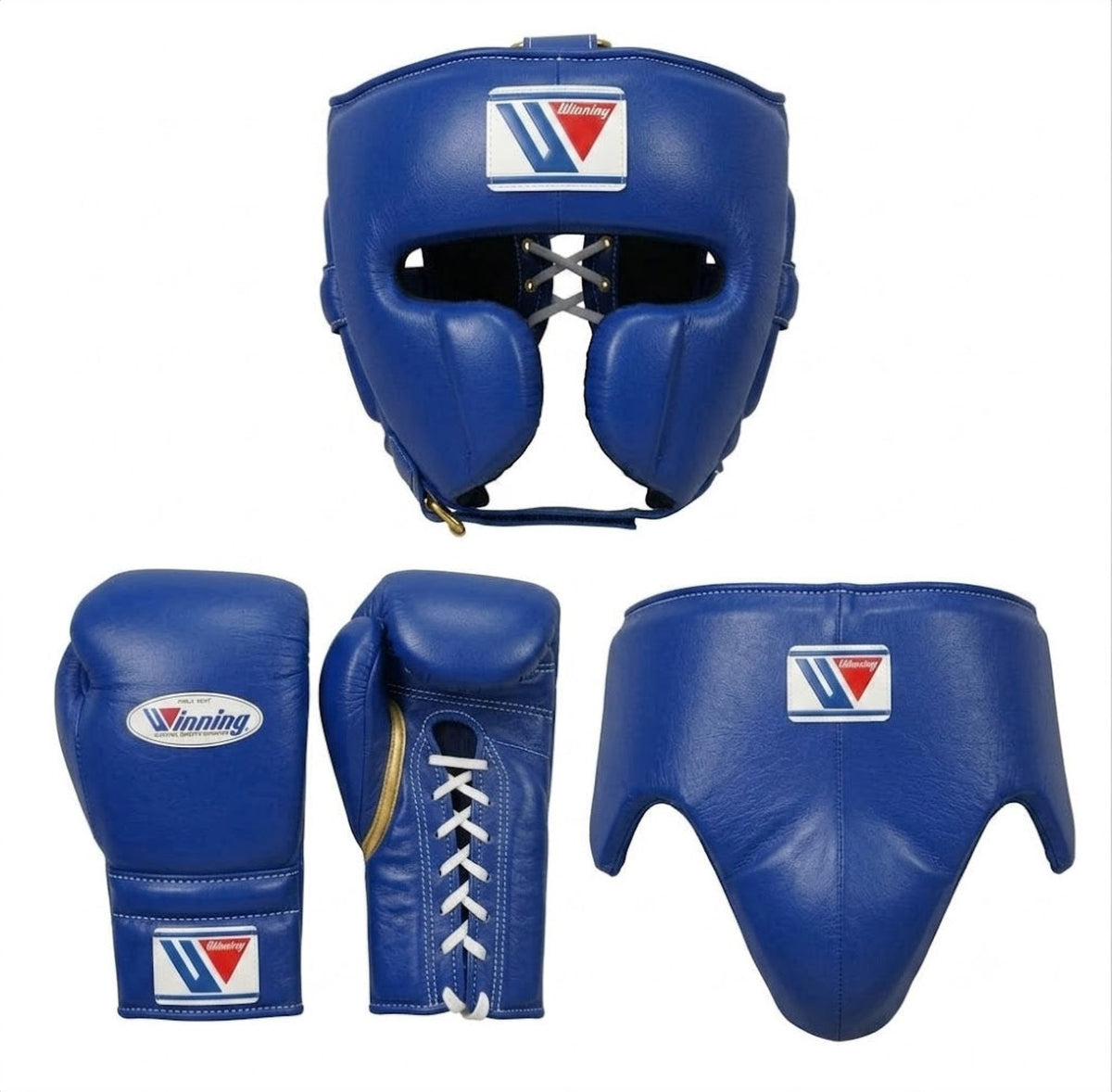 Winning Classic Blue 3-piece boxing sparring set with lace-up gloves, FG-2900 headgear, and CPS-500 groin guard