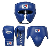 Blue boxing protective gear set including a headguard, gloves, and a waist guard, shown from multiple angles on a white background. The brand logo 'Winning' is visible on the wrist straps and chest pieces.