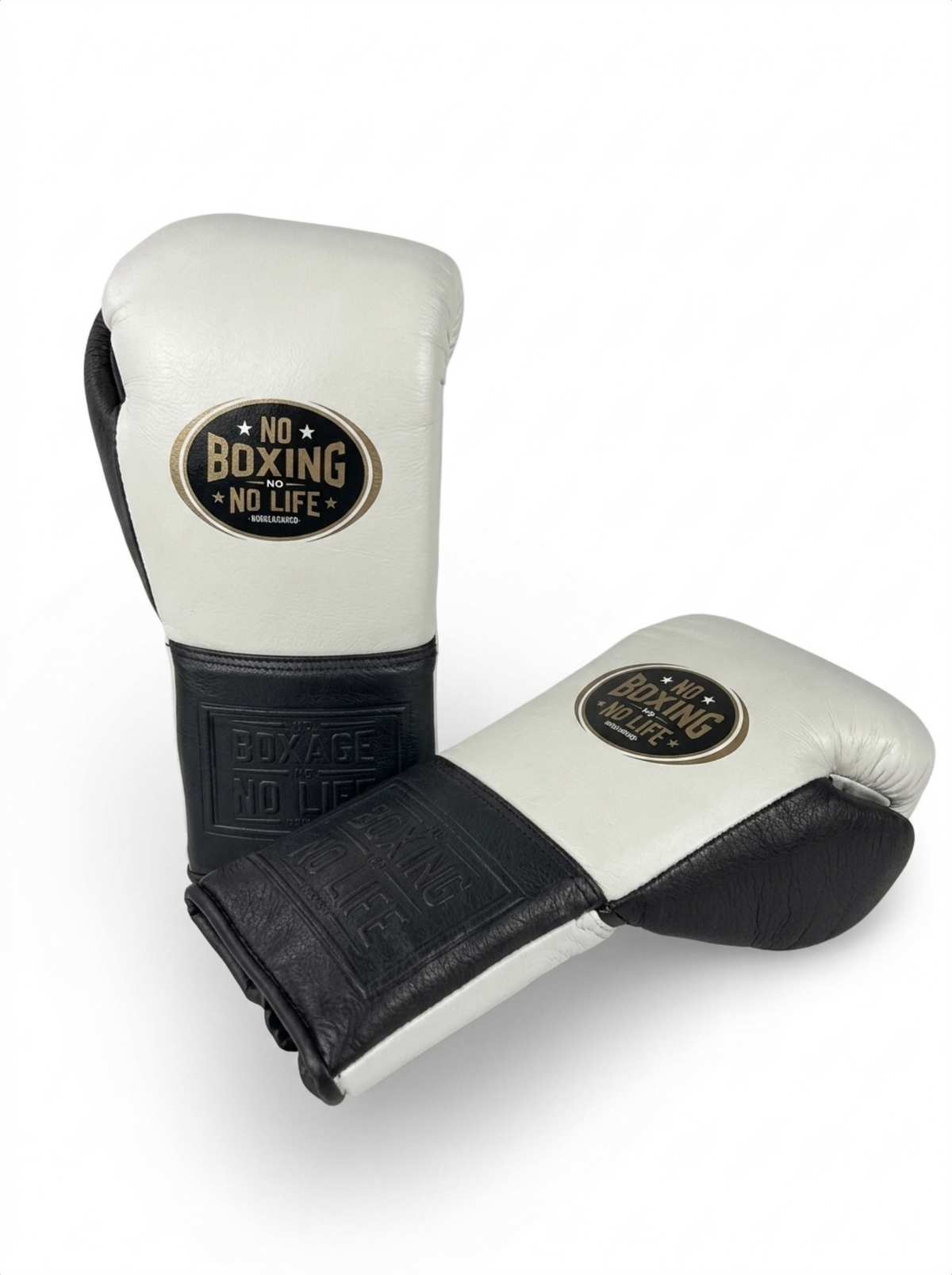 White boxing gloves with black cuff and thumb