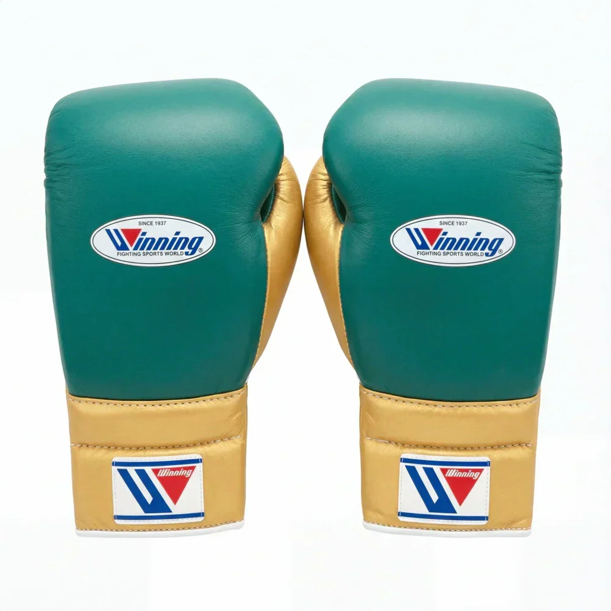 Winning boxing gloves in forest green leather with gold trim, Lace-Up or Velcro