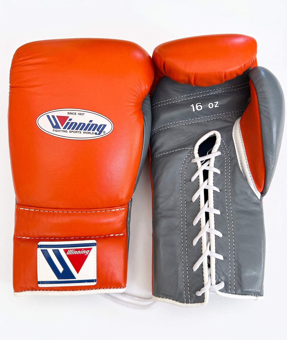 Winning boxing gloves in orange leather with gray trim, Lace-Up or Velcro