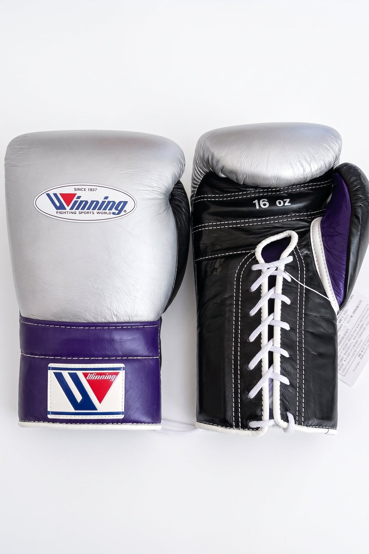 Winning boxing gloves in silver, black and purple leather, Lace-Up or Velcro