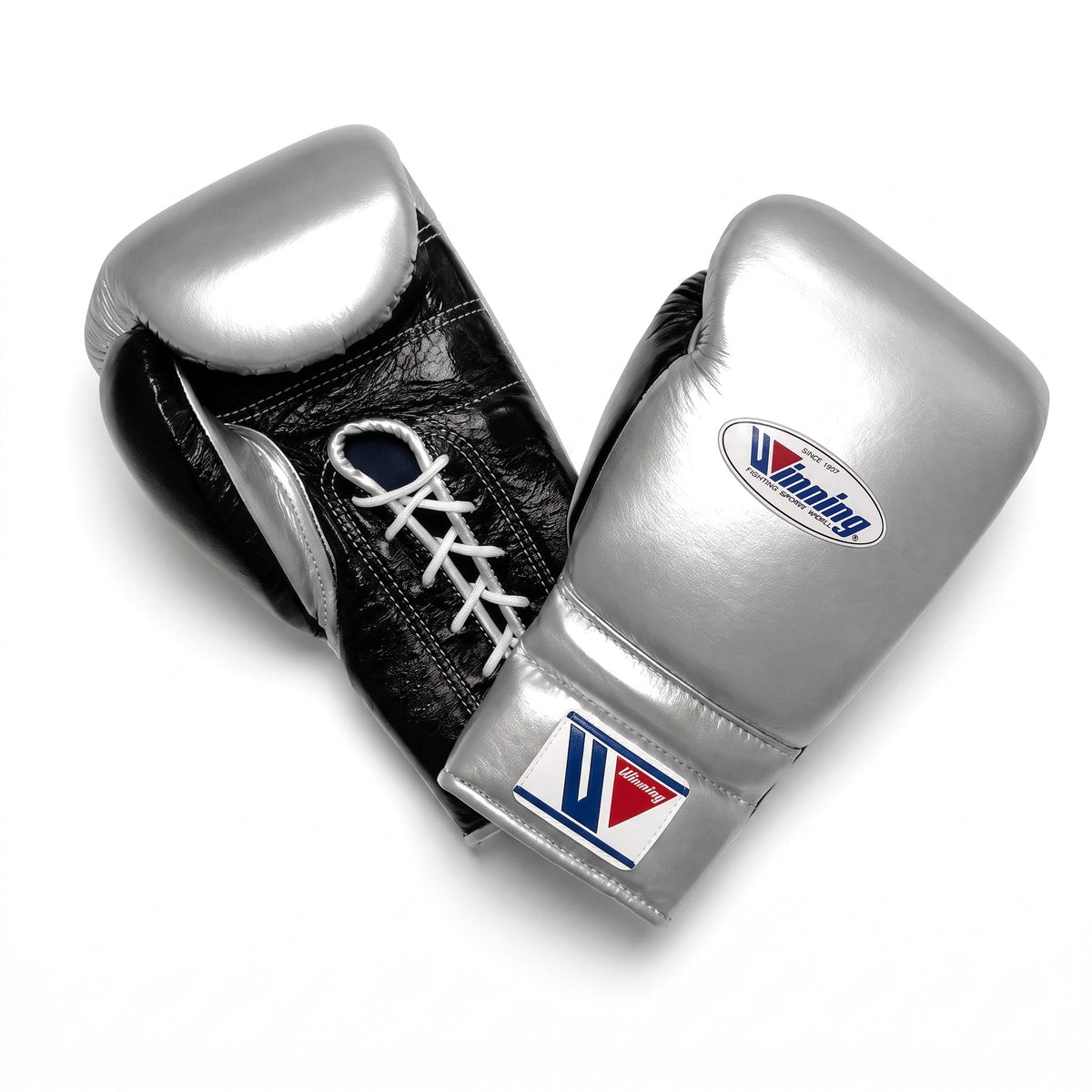 Winning boxing gloves in metallic silver leather with black trim, Lace-Up or Velcro