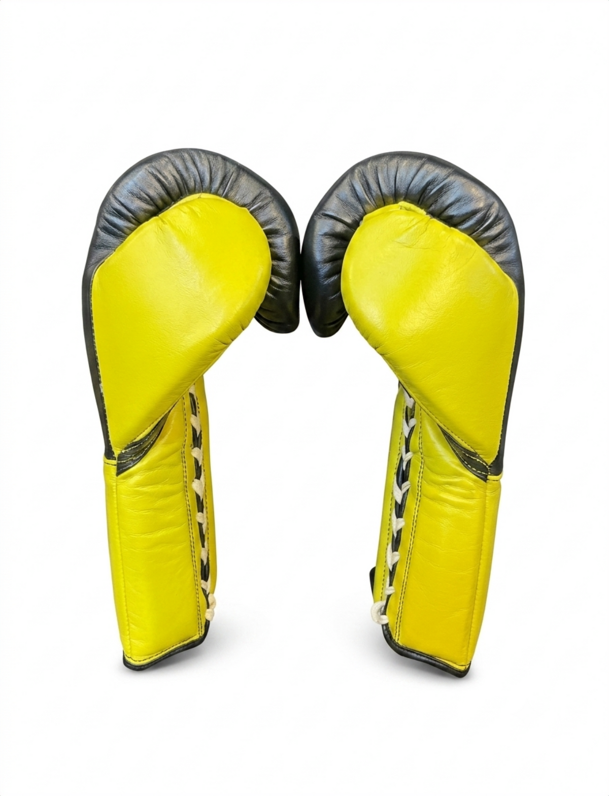Bright yellow and black high-visibility boxing gloves back view
