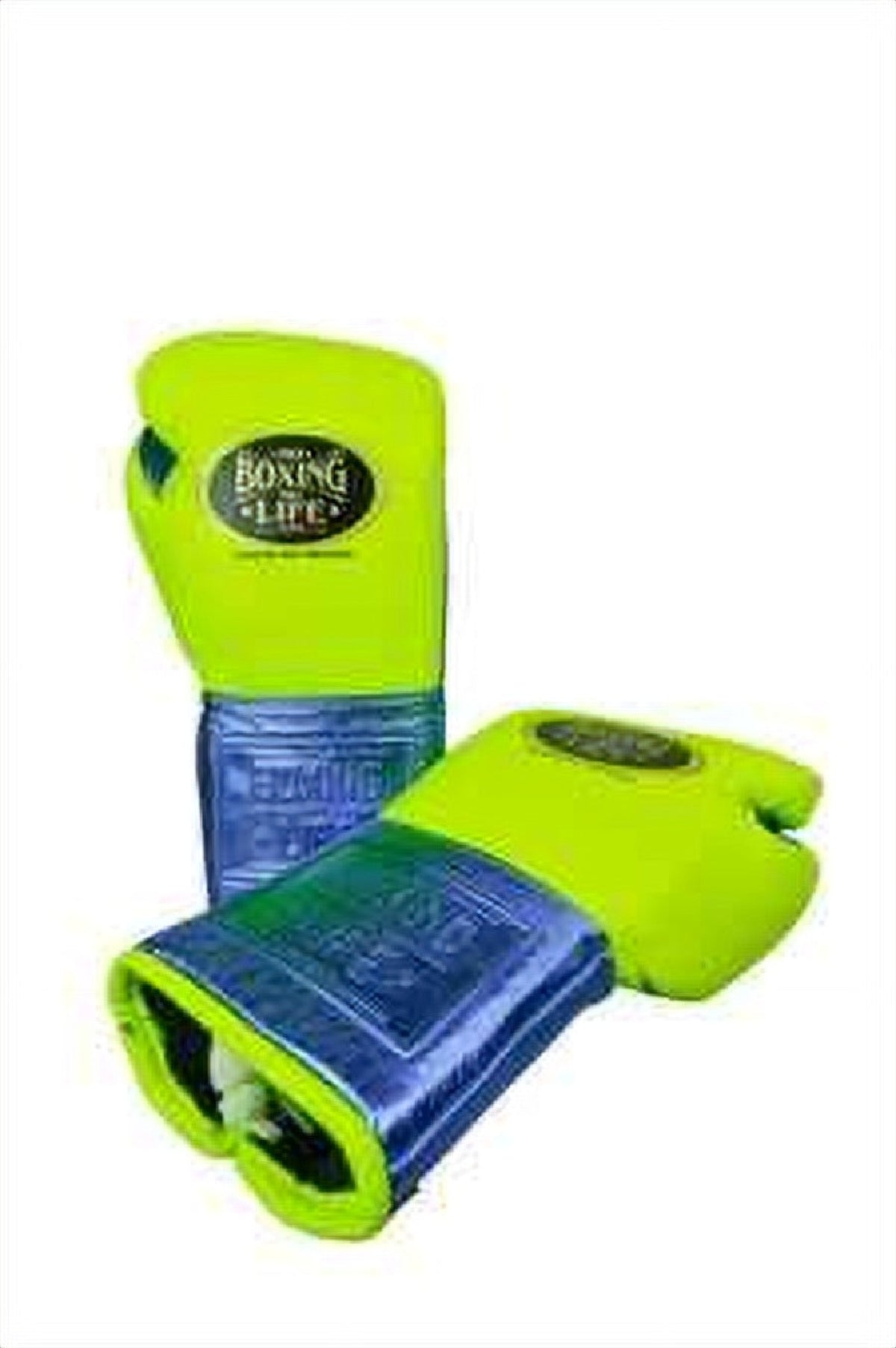 Lime yellow and metallic blue leather mitt work gloves