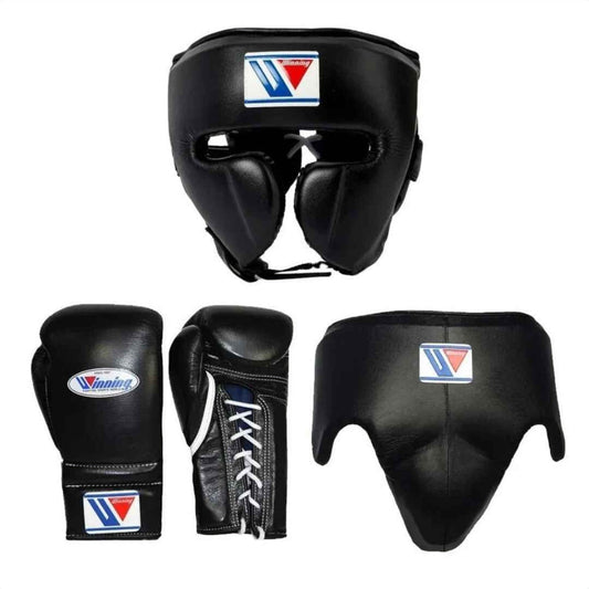 Winning classic black 3-piece boxing sparring set with matching gloves, headgear, and groin guard