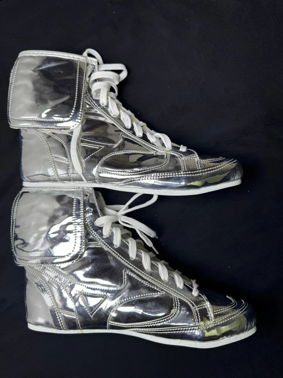 Mizuno custom high-top boxing boots in full metallic silver with white laces