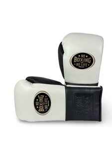 Authentic white and black No Boxing No Life professional lace-up boxing gloves handcrafted in Mexico with official branding.