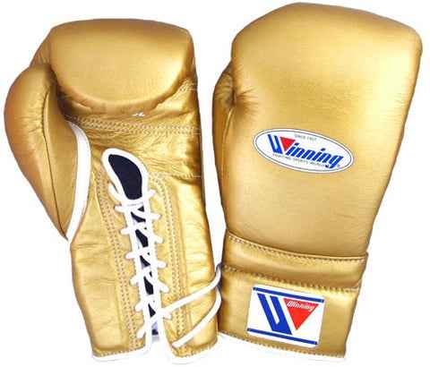 Custom Metallic Gold Winning MS-600 professional 16oz lace-up boxing gloves handcrafted in Japan with white laces and official branding.