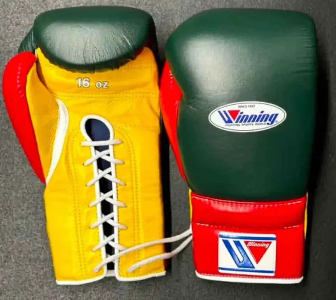Custom Winning professional 16oz lace-up boxing gloves featuring a dark green leather face, a vibrant yellow palm with a white lace channel, and a red thumb and cuff block.
