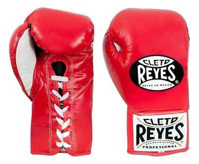 Official Cleto Reyes professional lace-up training boxing gloves in red leather featuring white laces, a white inner palm panel, and white printed brand logos.