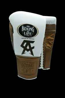 Authentic white and brown No Boxing No Life professional lace-up boxing gloves handcrafted in Mexico with official branding.