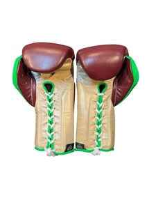 Authentic No Boxing No Life professional boxing gloves in maroon and lime green with grizzly bear graphic and official branding.
