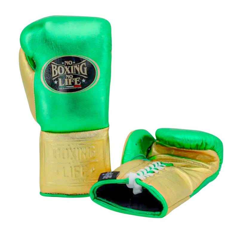 No Boxing No Life professional lace-up boxing gloves in metallic green leather with a metallic gold thumb, palm, and cuff area featuring the official brand patch and contrasting white laces.