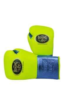 Authentic neon yellow and metallic blue No Boxing No Life professional lace-up boxing gloves handcrafted in Mexico with official branding.