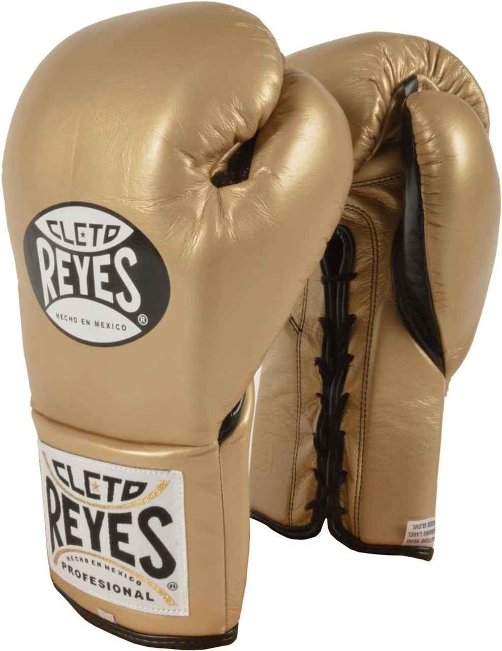 Official Cleto Reyes professional training boxing glove in gold metallic leather featuring a high-sheen champagne finish, a black printed brand insignia, and a stitched wrist cuff patch.